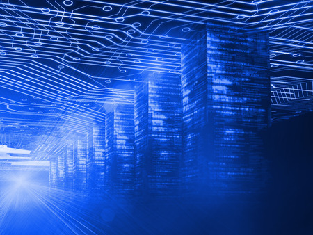 Digitally generated room of circuit boards on blue background