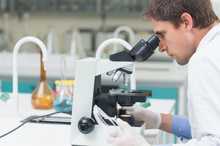 Side view of a male scientific researcher using microscope in the laboratory