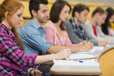 Side view of students writing notes in a row at the college lecture hallの写真素材