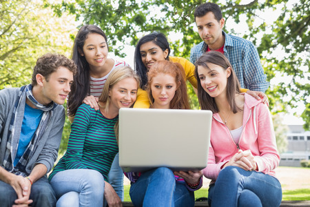 Group of young college students using laptop in the parkの写真素材
