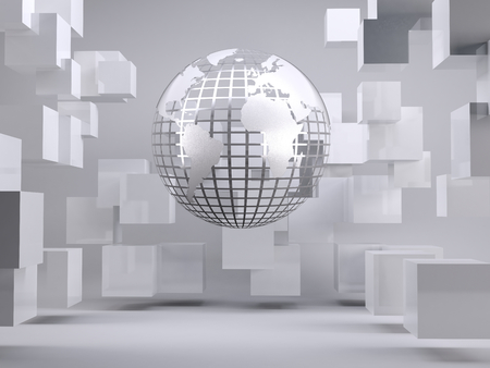 Planet on grey background with cubesの写真素材