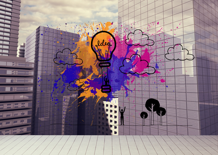 Hot air balloon on splashes over cityscape
