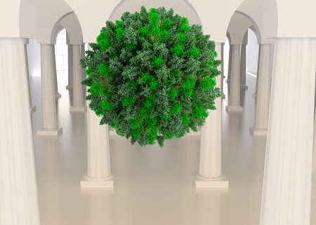 Digitally generated green natural ball floating in roomの写真素材