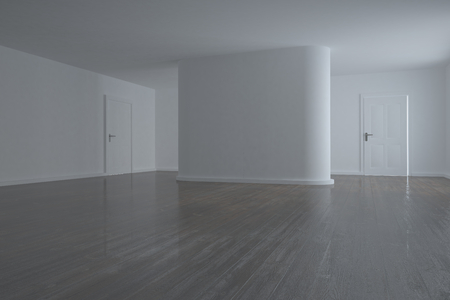 Bright room with two closed doors and wooden floorの写真素材