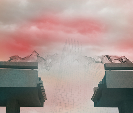Grid over broken bridge in fog