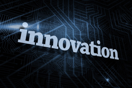 The word innovation against futuristic black and blue backgroundの写真素材