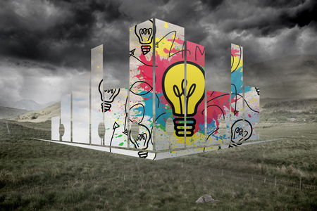 Light bulb on abstract screen against stormy countryside backgroundの写真素材