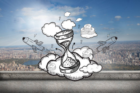 Hourglass doodle against balcony overlooking city