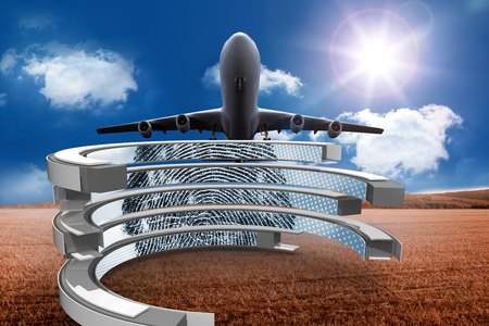 Fingerprint on abstract screen against 3d plane taking off over cornfieldの写真素材