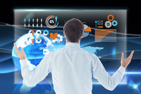 Gesturing businessman against digital earth background