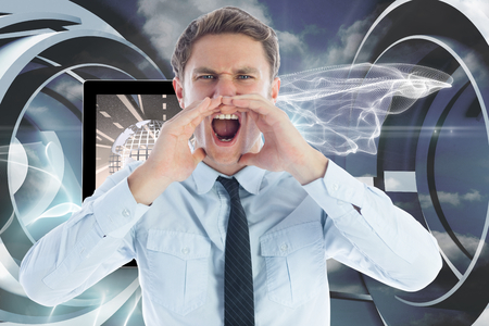 Angry businessman shouting against cloud and energy design on a futuristic structureの写真素材