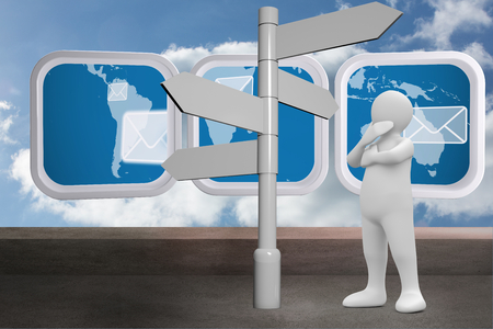 White character choosing direction against balcony and cloudy skyの写真素材