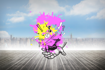 Ecuation concept on paint splashes against cityscape on the horizonの写真素材