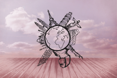 Landmarks around the world against clouds in a roomの写真素材