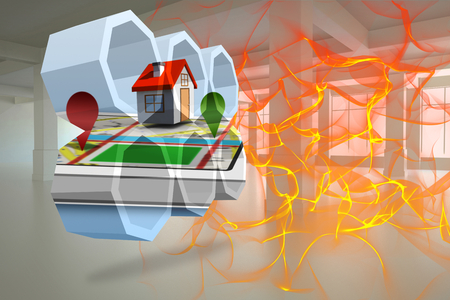 House on a map on abstract screen against abstract design in orangeの写真素材