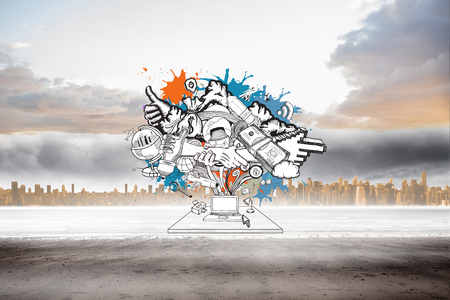 Computer icons and arrows on paint splashes against large city on the horizonの写真素材