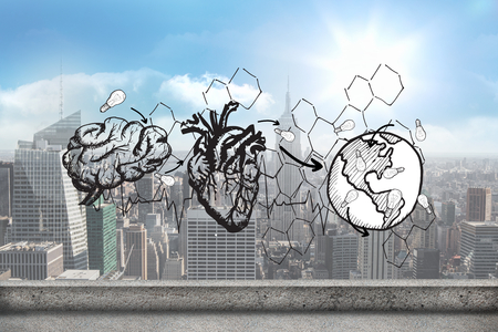 Earth lungs and heart doodle against balcony overlooking cityの写真素材