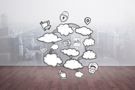 Cloud computing doodle against city scene in a roomの写真素材