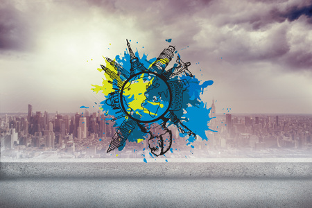 Landmark concept on paint splashes against balcony overlooking cityの写真素材