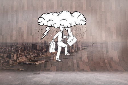 Businessman climbing stairs against city scene in a roomの写真素材