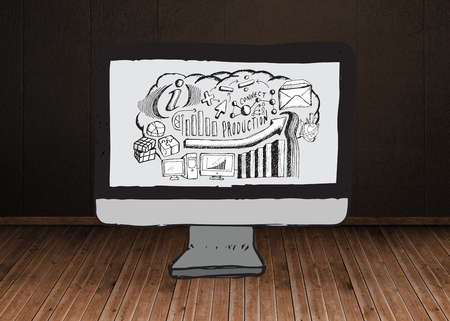 Brainstorm on computer screen doodle against dark room with floorboardsの写真素材