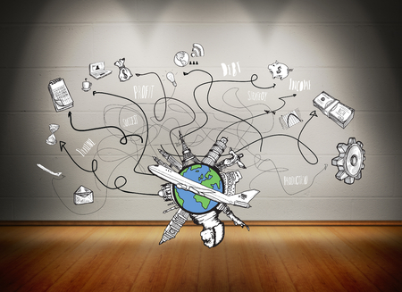 Business and global travel doodles against room with wooden floor