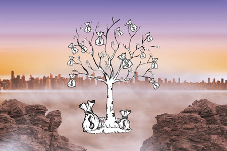 Money tree doodle against cityscape on the horizonの写真素材