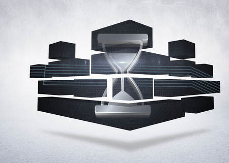 Composite image timer on abstract screen against white wall