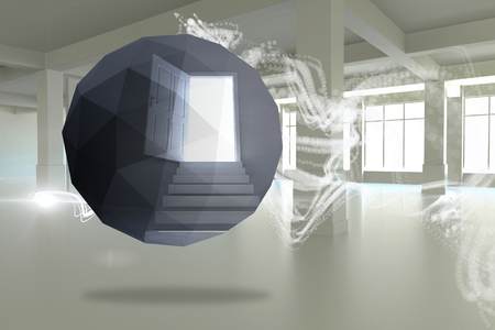 Open door on abstract screen against abstract white design in roomの写真素材