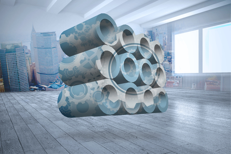 Cogs and wheels on abstract screen against city scene in a roomの写真素材