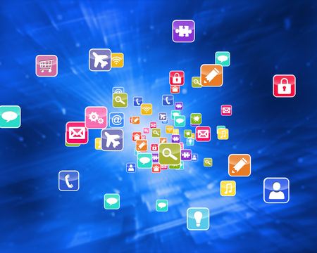 Colourful computer applications against abstract blue squaresの写真素材