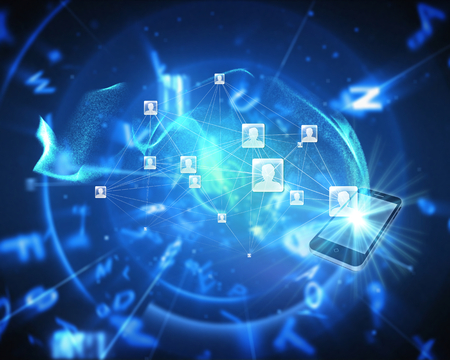 Social network background against blue background with letters