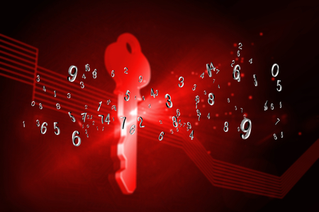 Silver numbers against shiny red key on black backgroundの写真素材
