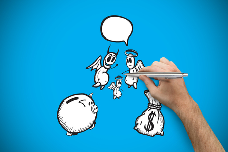 Hand holding a silver pen against blue background with vignetteの写真素材