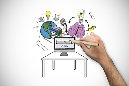 Hand holding a pencil against white background with vignetteの写真素材