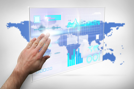 Hand presenting against blue world map on white background