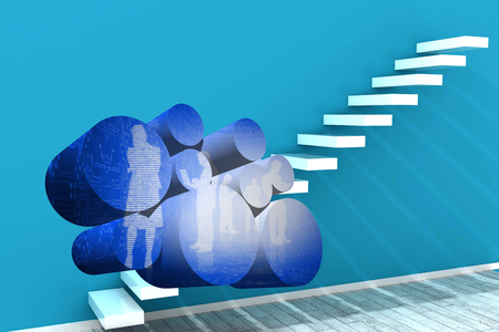 Digital business people on abstract screen against white steps on a blue wallの写真素材