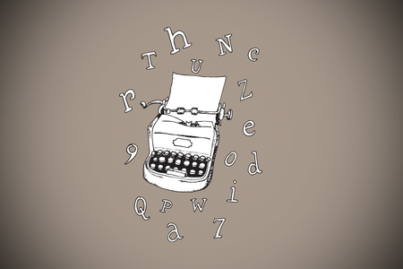 Typewriter and letters doodle against grey background with vignetteの写真素材