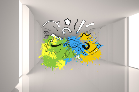 Handshake and arrows on paint splashes against digitally generated room with bright lightの写真素材