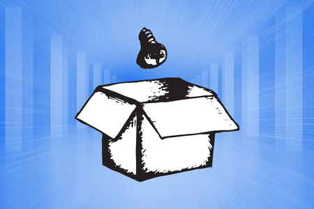 Light bulb and box doodle against bright blue roomの写真素材