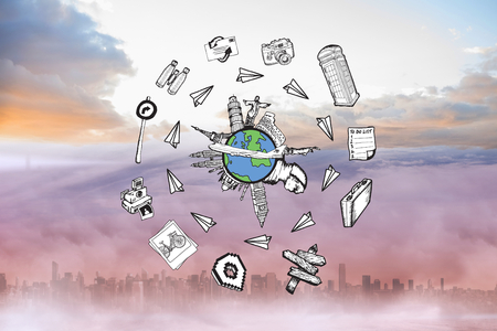 Landmarks of the world doodle against cityscape in the cloudsの写真素材