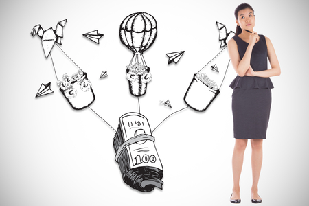 Thinking asian businesswoman against profit and banking illustrationの写真素材