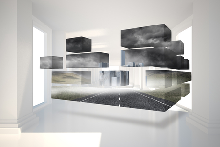 Road and city on abstract screen against digitally generated roomの写真素材