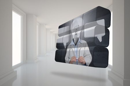 Light bulb man on abstract screen against bright hall with windowsの写真素材