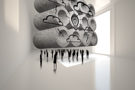 Cloud computing cycle on abstract screen against tiny figures in white roomの写真素材