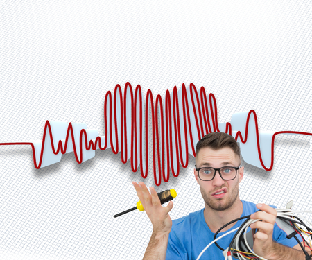 Composite image of portrait of confused young it professional with screw driver and cables in front of open cpu over white backgroundの写真素材
