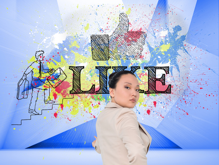 Composite image of unsmiling asian businesswoman pointingの写真素材