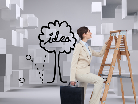 Composite image of businesswoman climbing career ladder with briefcaseの写真素材