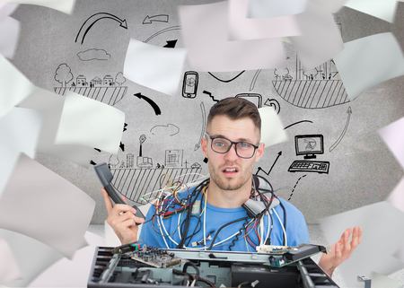 Composite image of confused young it professional with cables and phone in front of open cpu over...