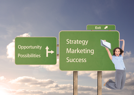 Composite image of happy classy businesswoman on white background jumping while holding clipboardの写真素材